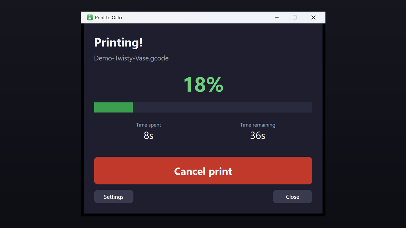 Print to Octo — printing with live progress
